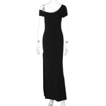 Load image into Gallery viewer, Women's Clothing Sexy Low-cut Solid Color Off-the-shoulder Short-sleeved Waist and Thin Split-ended Dress