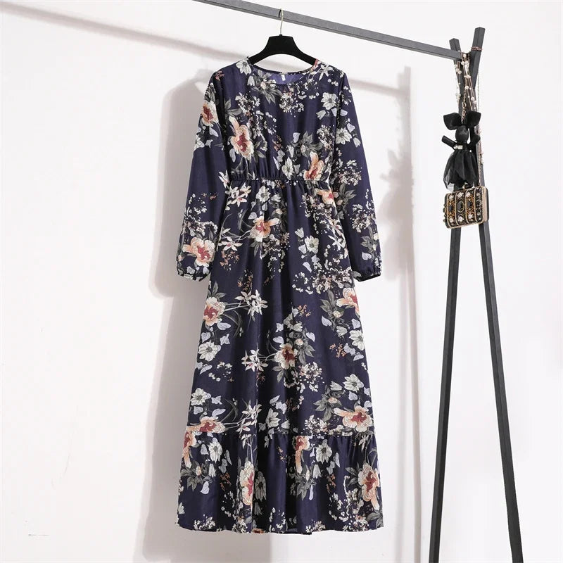 Women Long Dresses Spring Summer Casual Full Sleeve Floral geometry Printed O neck Woman Bohe Beach Party Dress Mujer Vestidos