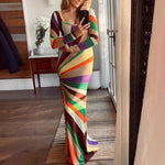 Load image into Gallery viewer, Women Sexy Colorful Striped Printed Long Dress Women Bodycon Dresses Female Autumn Slim Fit Rainbow Party Evening Dress