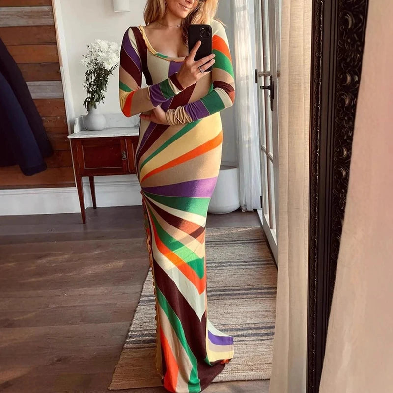 Women Sexy Colorful Striped Printed Long Dress Women Bodycon Dresses Female Autumn Slim Fit Rainbow Party Evening Dress