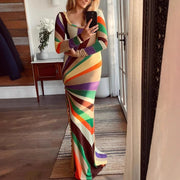 Women Sexy Colorful Striped Printed Long Dress Women Bodycon Dresses Female Autumn Slim Fit Rainbow Party Evening Dress