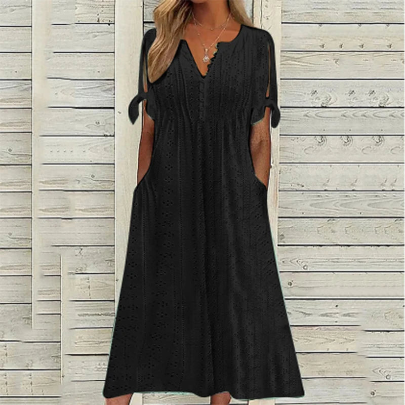 New women's dress, with slits and open V-neck, lace ruffles, elegant mid-length women's casual party dress