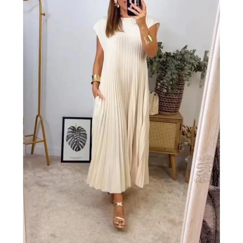 Women's Sleeveless Dress, Mid-Length Pleated Solid-Colour Round Neck Loose-Fit Casual Long Dress for Everyday Commuting