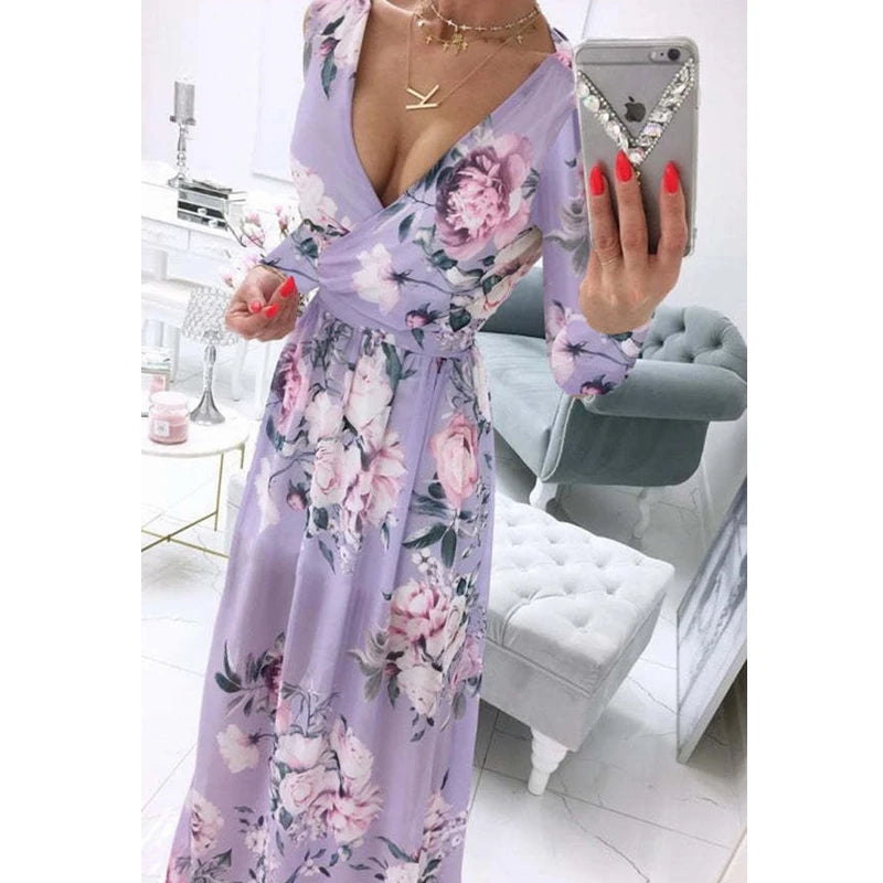 Women's Dress Summer Autumn Chiffon Slim Printed Pleated Stitching Dress Women Long Sleeve V-neck High Waist Slit Bohemian Dress