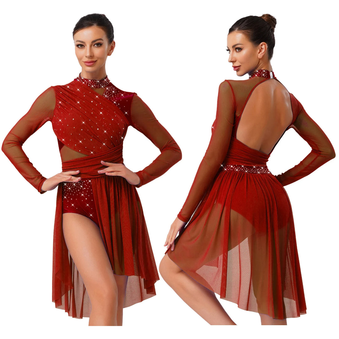 Womens Gymnastics Lyrical Ballet Dance Glittery Rhinestone Dress Ruched Backless Leotard Dresses Contemporary Dance Costumes