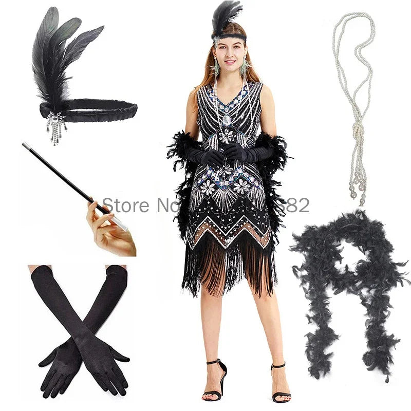 Women's 1920s Costume Vintage Sequin Full Fringed Deco Inspired Flapper Cosplay Dress Roaring 20s Great Gatsby Dress Vestidos