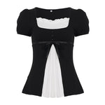 Load image into Gallery viewer, [RUOKE] Casual Y2K Contrast Color Top Women Spring Summer Square Neck Puff Sleeve Bow Slim A-line Babydoll Blouse Sweet Coquette