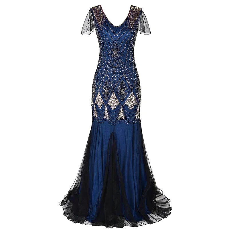 Women's Fashion 1920s Flapper Dress Vintage Great Gatsby Long Evening Prom Sequin Party Dress Women Mesh Costume