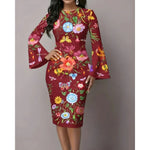 Load image into Gallery viewer, Women's Elegant Bodycon Dress with Flared Sleeves Unique Blue &amp; Gold Metallic Swirl Print Boho Chic Midi Dress for Night Out