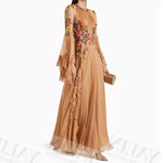 Load image into Gallery viewer, Women's A-line Evening Dresses Floor-length O-neck Full Sleeve Prom Dress Fashion Flowers Ruched Simple Draped Gowns Customized