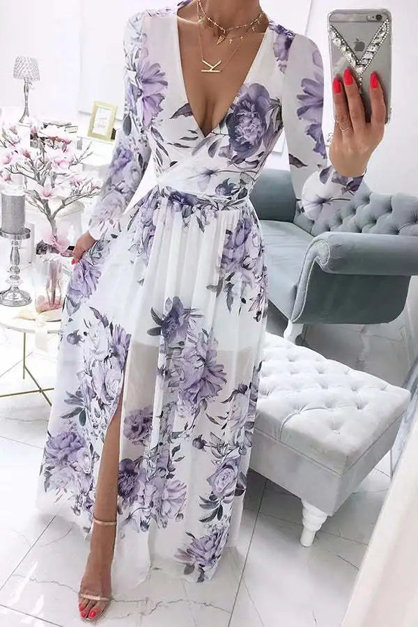 Women's Dress Summer Autumn Chiffon Slim Printed Pleated Stitching Dress Women Long Sleeve V-neck High Waist Slit Bohemian Dress