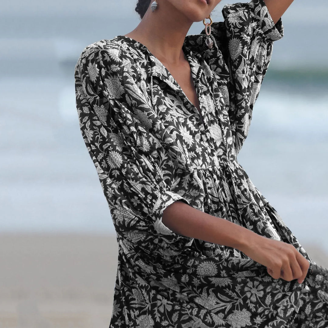 Women Dresses Summer  V Neck Tied Rope Loose Casual Dress Half Sleeve Printing Sundress Boho Dress Beach Vacation Short Dress