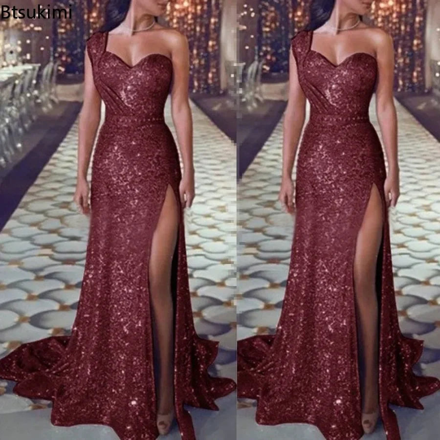 2026 Women's Wedding Party Dress Evening Elegant Sexy Deep V Neck One Shoulder Sleeveless Sequined Long Maxi Dresses For Women