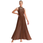 Load image into Gallery viewer, Women Lyrical Dance Dress Halter Glittery Rhinestones Patchwork Irregular Mesh Ruffled Hem Dress for Dance Classes Competition