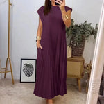 Load image into Gallery viewer, Women's Sleeveless Dress, Mid-Length Pleated Solid-Colour Round Neck Loose-Fit Casual Long Dress for Everyday Commuting