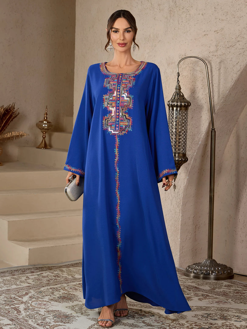 Ramadan Islamic Modest Abaya Dress for Women Ethnic Colorful Embroidery Morocco Casual Round Neck Long Robe Elegant Dubai Muslim