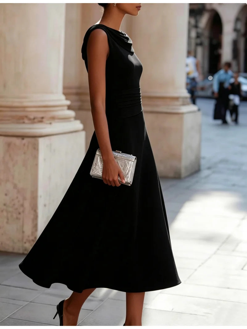 Women Draped Cowl Neck Sleeveless Waist Ruched Midi Dress Elegant Formal Wedding Guest Swing Dress