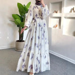 Load image into Gallery viewer, Muslim Women's Dress Casual Fashion Middle Eastern Chiffon Round Neck Tie-Dye with Belt Long Temperament Elegant Arab Dress