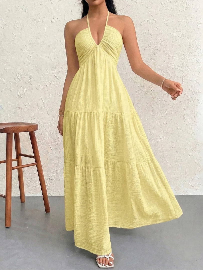 Women's Casual Dresses Halter Backless Yellow Tiered Flowy Boho Dress Spring Summer Beach Vacation Breathable Dress