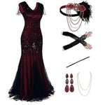 Load image into Gallery viewer, Women 1920s Flapper Dress with Accessories Dark Red Vintage V-Neck Ballroom Party Sequin Dress with Tassel Hem Evening Gown