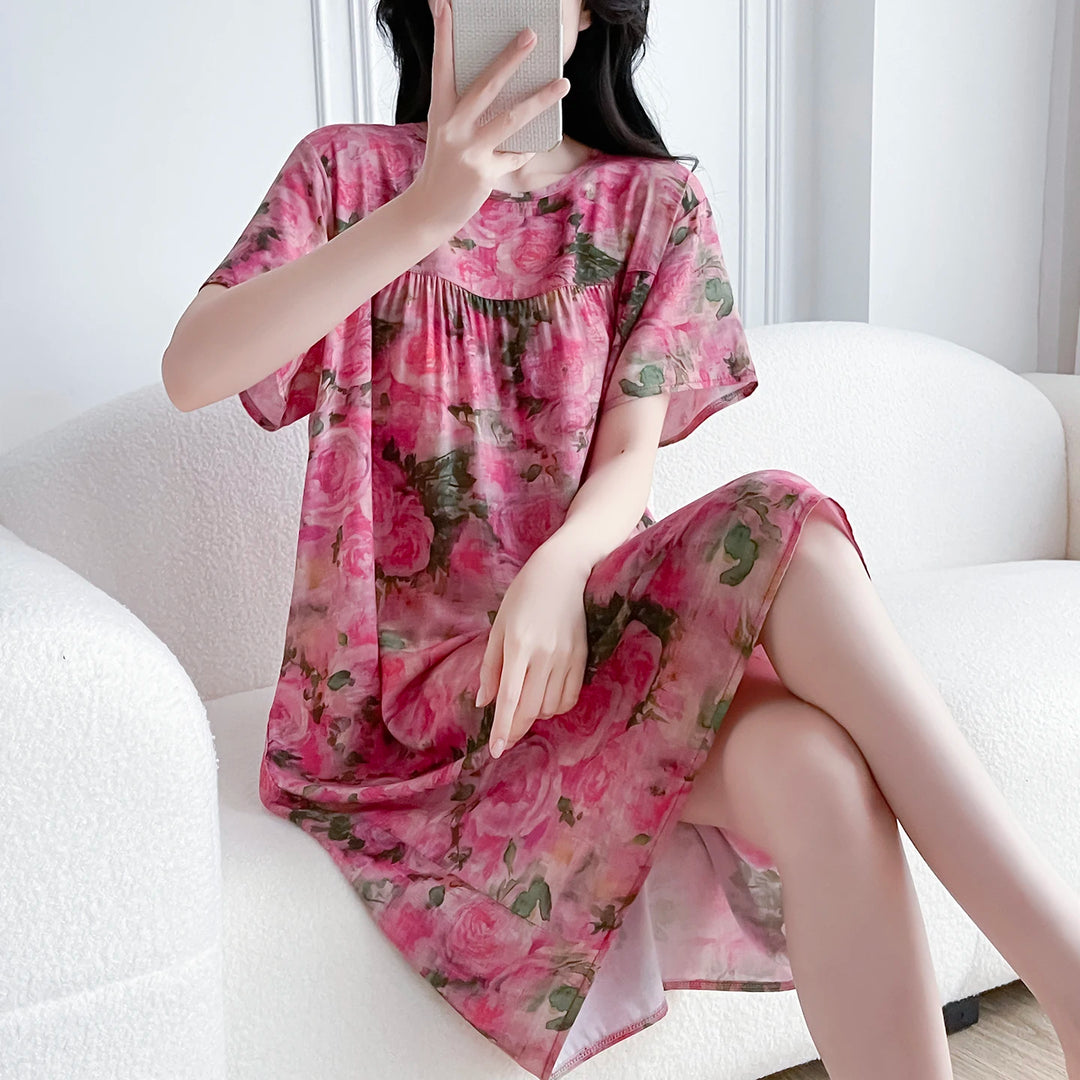 Women's Cotton Silk Sleep Dress Thin Short Sleeve Long Summer Breathable Sweat Absorbent Outerwear Casual Home Leisure Print
