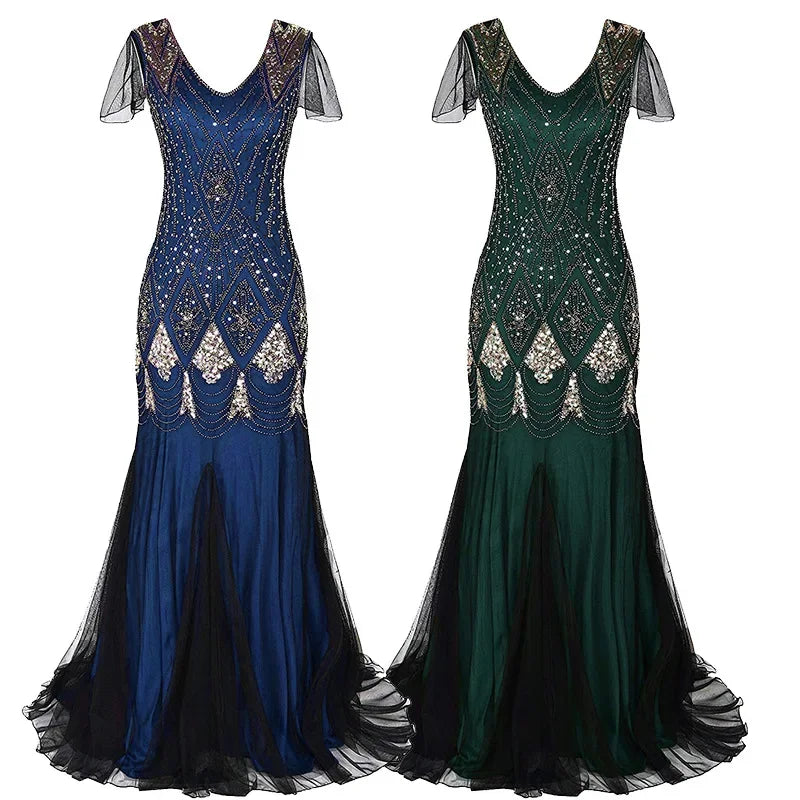 Women's Fashion 1920s Flapper Dress Vintage Great Gatsby Long Evening Prom Sequin Party Dress Women Mesh Costume