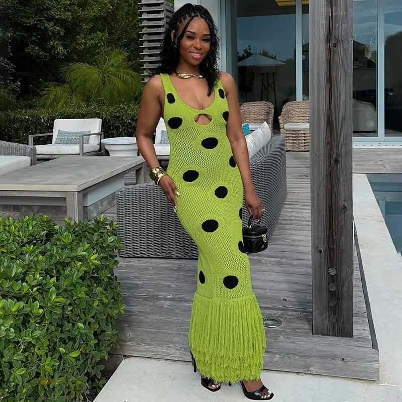 Women Sexy See Through Knitted Maxi Dress Hollow Out Deep Neck Pot Robes Tassel Hem Fork Party Vestidos  New Lady Club Dress