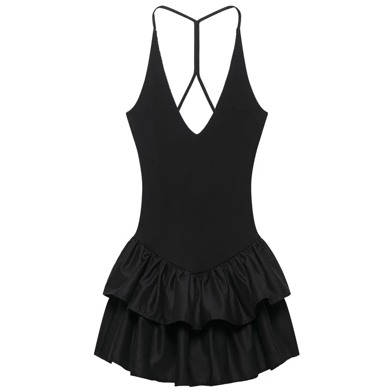 Women's Dresses 2025 Halter Pink Mini Dresses Chic v Neck Layer Ruffles Hem Dress A Line Vestido Summer Ladies Street Party Wear