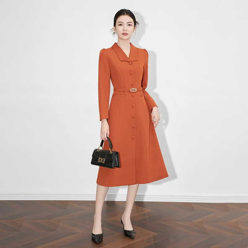 Dresses For Women 2024 Luxury Brand Autumn Long Dress Women's Turn-down Collar Sleeves Single Breasted Sashes Office Lady