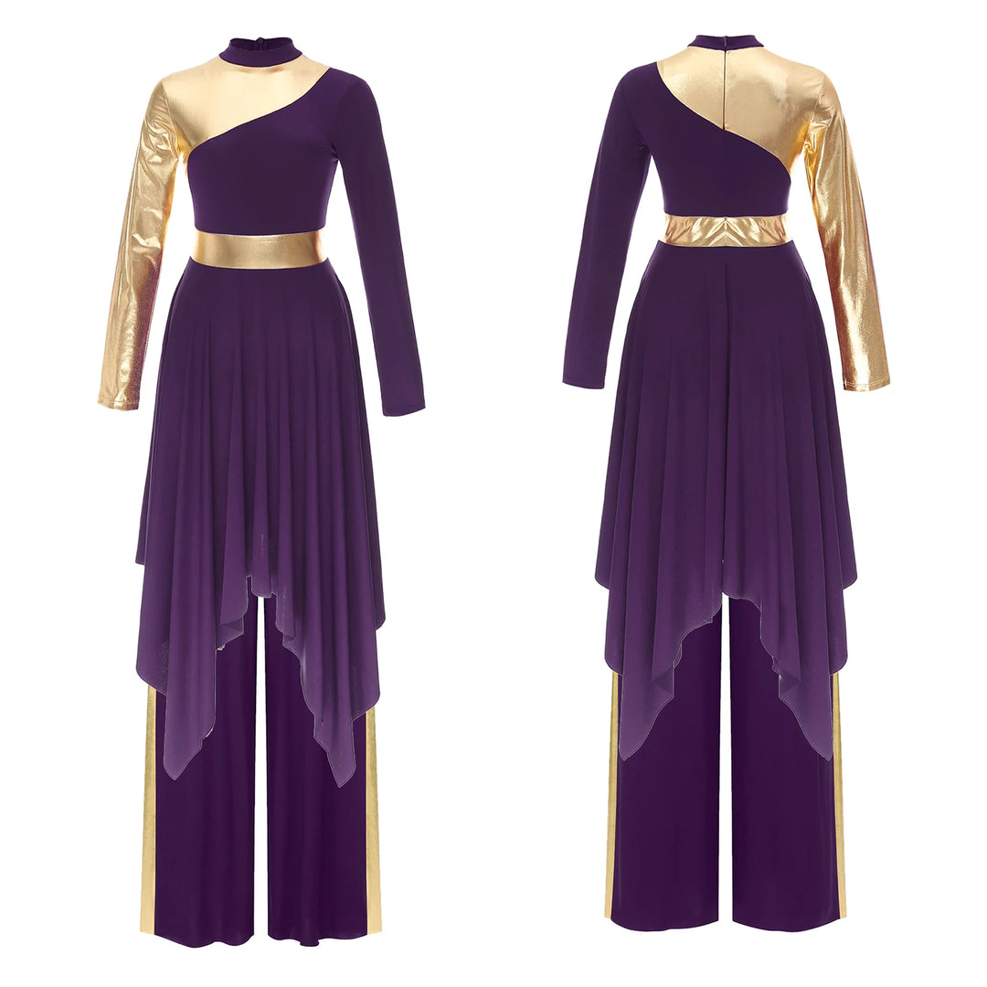 Women Worship Liturgical Dance Performance Costume Lyrical Dresses 2pcs Long Sleeve Asymmetrical Hem Dress with Wide-Leg Pants