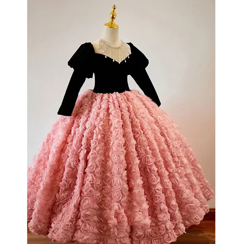 Children's Dress for Kids Girls Pink Beautiful Shiny Host Birthday Banquet Princess Dresses Rose Clothes Girls Piano Performance