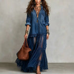 Load image into Gallery viewer, Denim Dress Women Dresses A Line Turn Down Collar Full Sleeve Ruffled Vintage Elegant Mesh Splice Work Causl Y2k Streetwear 2026