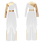 Women Worship Liturgical Dance Performance Costume Lyrical Dresses 2pcs Long Sleeve Asymmetrical Hem Dress with Wide-Leg Pants