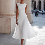 Load image into Gallery viewer, Women Draped Cowl Neck Sleeveless Waist Ruched Midi Dress Elegant Formal Wedding Guest Swing Dress