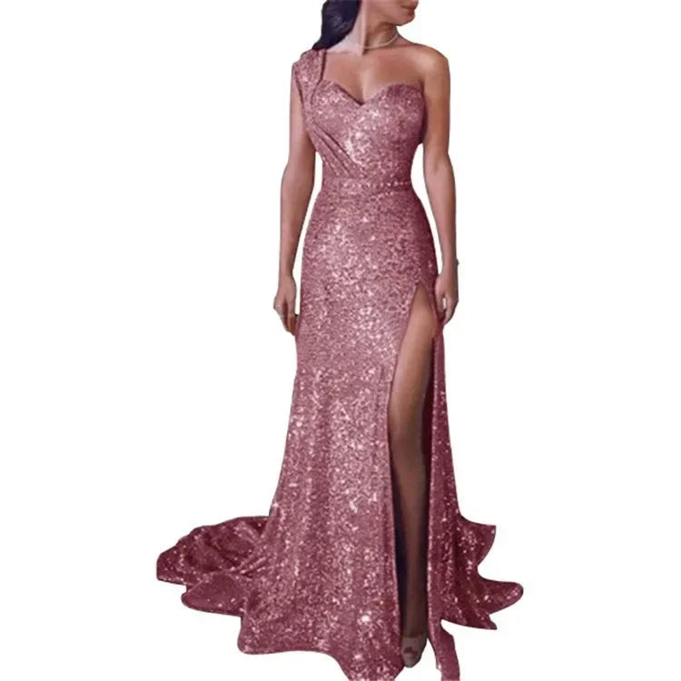 2026 Women's Wedding Party Dress Evening Elegant Sexy Deep V Neck One Shoulder Sleeveless Sequined Long Maxi Dresses For Women