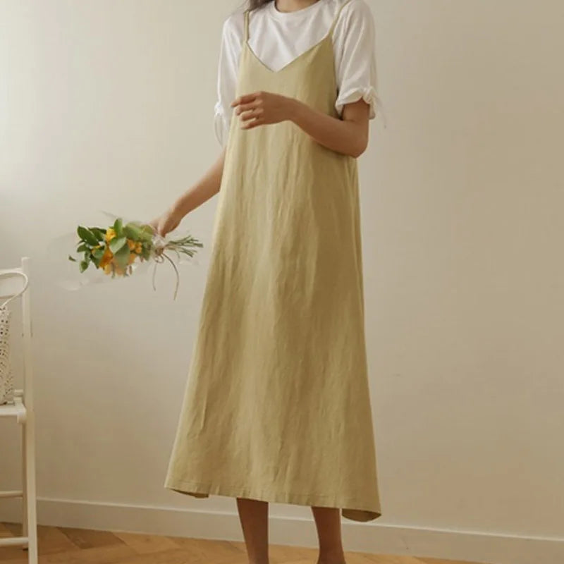 Dresses for Women 2025 Loose Elegant Dress Woman Sexy Sleeveless Spaghetti Strap Pockets Cotton Off The Shoulder Dress KE1409