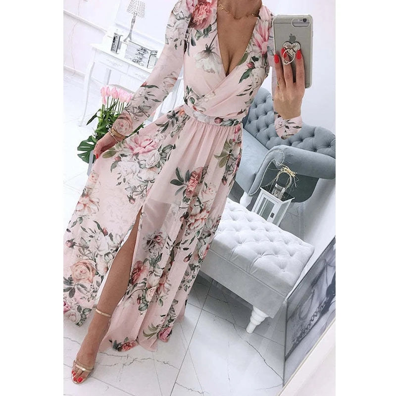 Women's Dress Summer Autumn Chiffon Slim Printed Pleated Stitching Dress Women Long Sleeve V-neck High Waist Slit Bohemian Dress