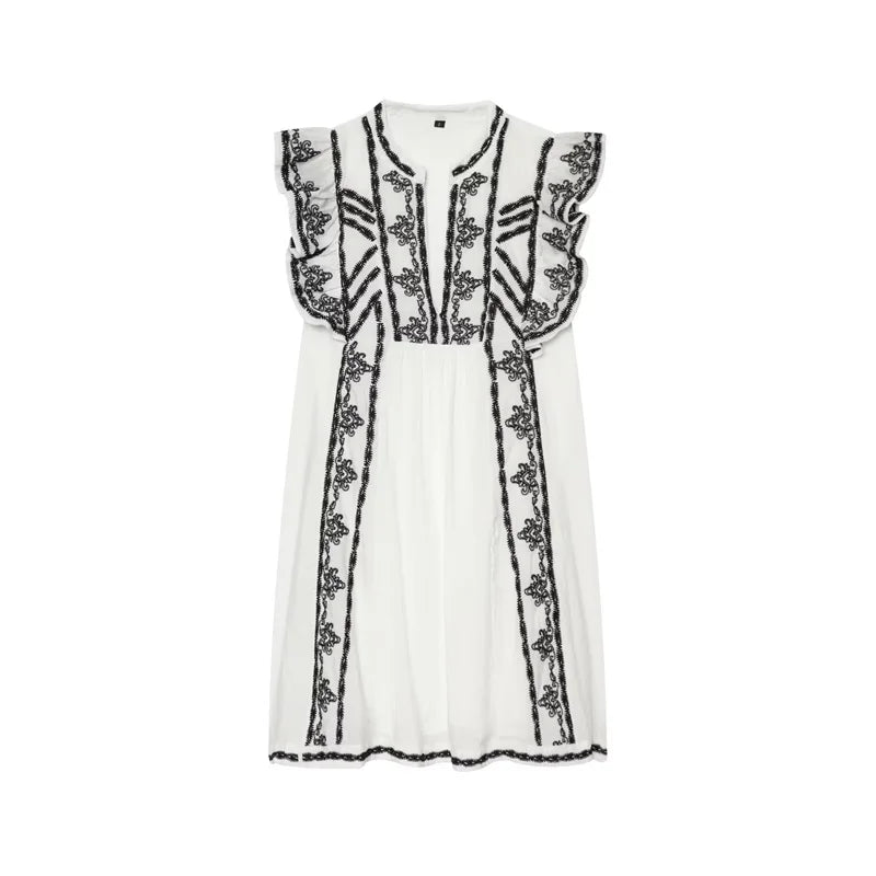 Women's Dress 2026 Summer New Black and White Color-Block Sleeveless Embroidered Short Dress Casual Vacation Elegant and Stylish