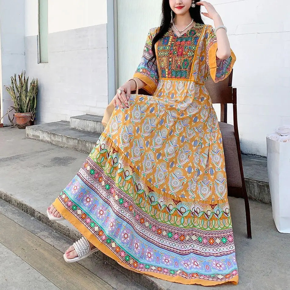 Indian Dress for Women Summer Embroidery Chic Elegant Party Dresses Clothes Vintage Long Maxi Prom Bohemian Beach Robe Vestidos