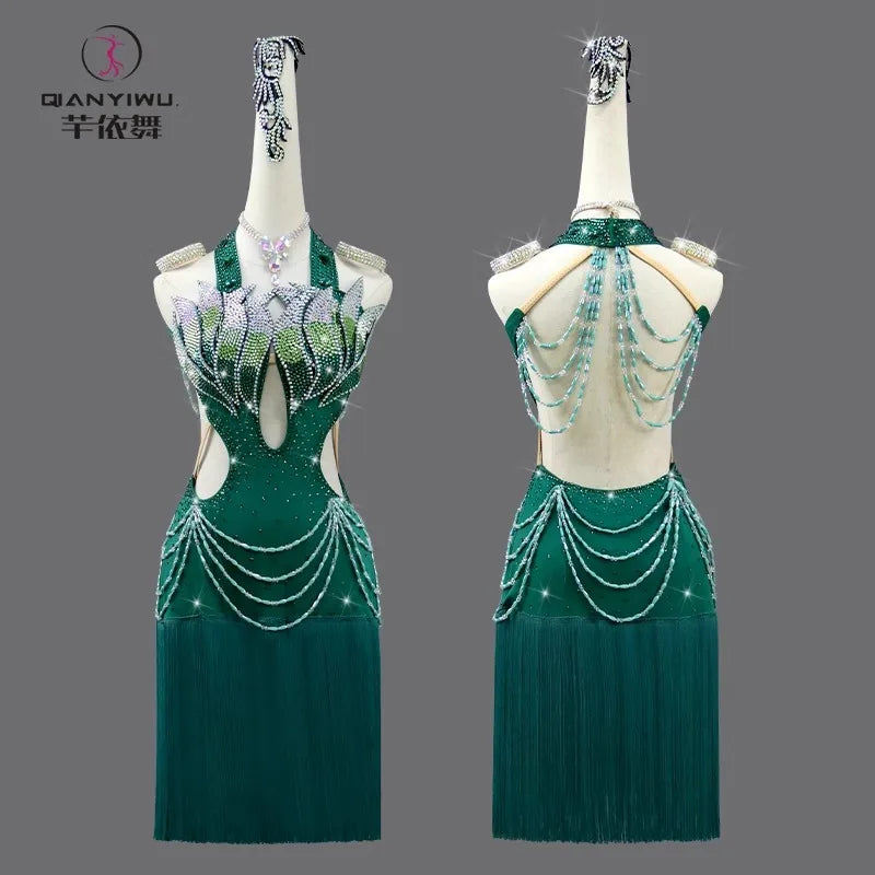 Women's Evening Dress Latin Dance Competition Costume American Clothes Sexy Stage Outfit Dancewear Suit Girls Party Sports Skirt