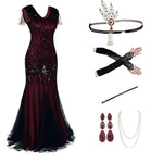 Load image into Gallery viewer, Women 1920s Flapper Dress with Accessories Dark Red Vintage V-Neck Ballroom Party Sequin Dress with Tassel Hem Evening Gown