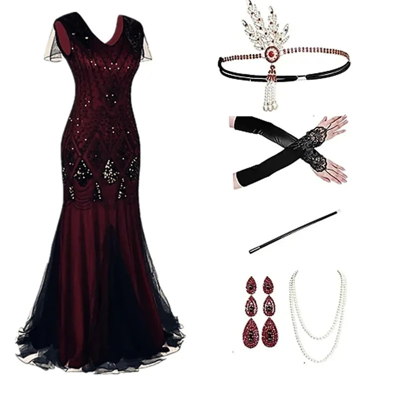 Women 1920s Flapper Dress with Accessories Dark Red Vintage V-Neck Ballroom Party Sequin Dress with Tassel Hem Evening Gown
