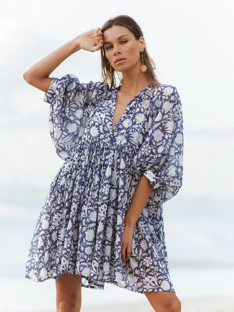 Women Dresses Summer  V Neck Tied Rope Loose Casual Dress Half Sleeve Printing Sundress Boho Dress Beach Vacation Short Dress