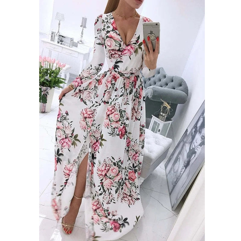 Women's Dress Summer Autumn Chiffon Slim Printed Pleated Stitching Dress Women Long Sleeve V-neck High Waist Slit Bohemian Dress