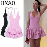 Load image into Gallery viewer, Women's Dresses 2025 Halter Pink Mini Dresses Chic v Neck Layer Ruffles Hem Dress A Line Vestido Summer Ladies Street Party Wear