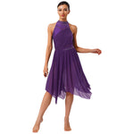 Load image into Gallery viewer, Women Lyrical Dance Dress Halter Glittery Rhinestones Patchwork Irregular Mesh Ruffled Hem Dress for Dance Classes Competition