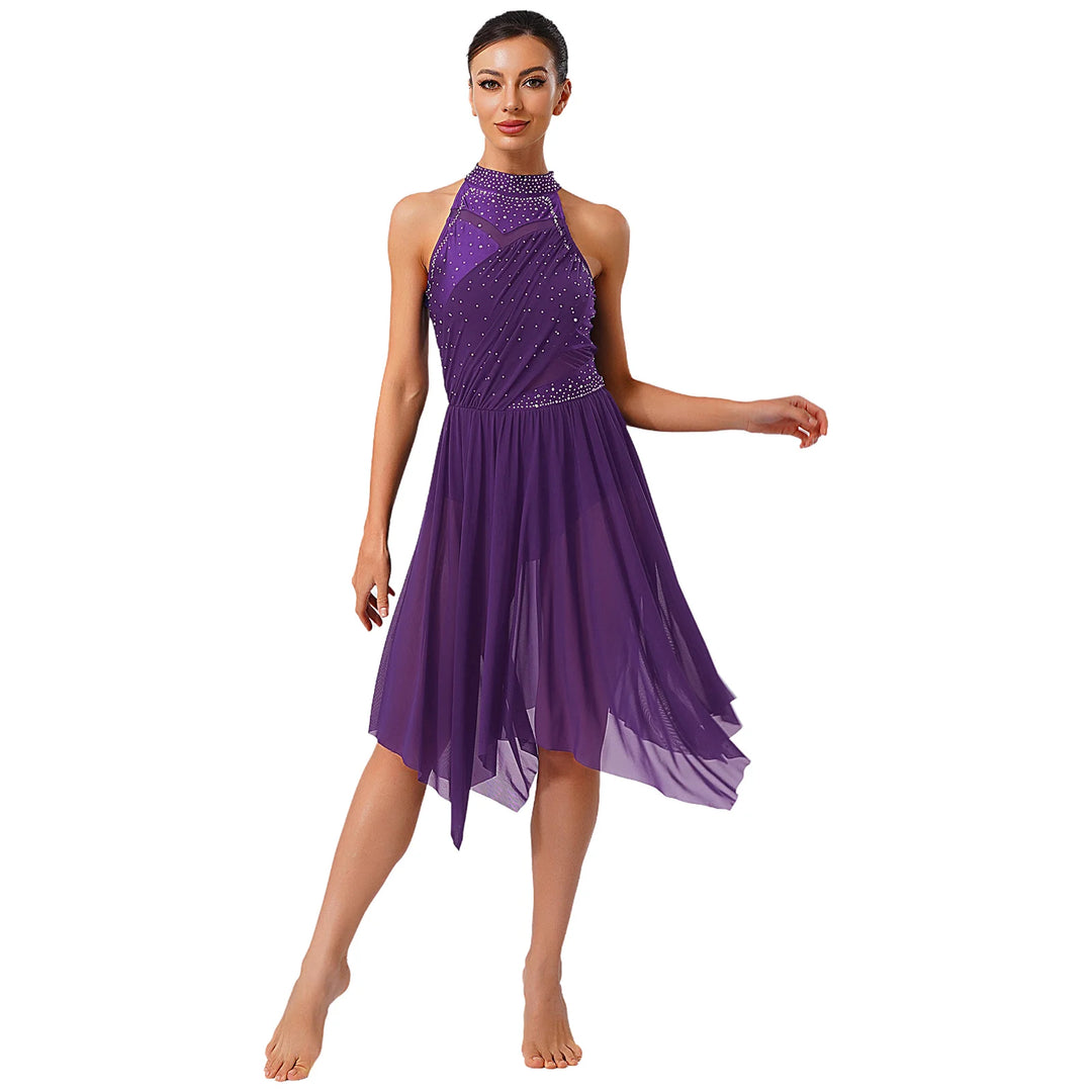Women Lyrical Dance Dress Halter Glittery Rhinestones Patchwork Irregular Mesh Ruffled Hem Dress for Dance Classes Competition