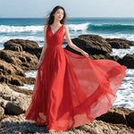 Load image into Gallery viewer, Women's Summer Red Dress New Fashion V-neck Sleeveless Chiffon Long Dress Seaside Vacation Bohemia Beach Dress Vestidos Female
