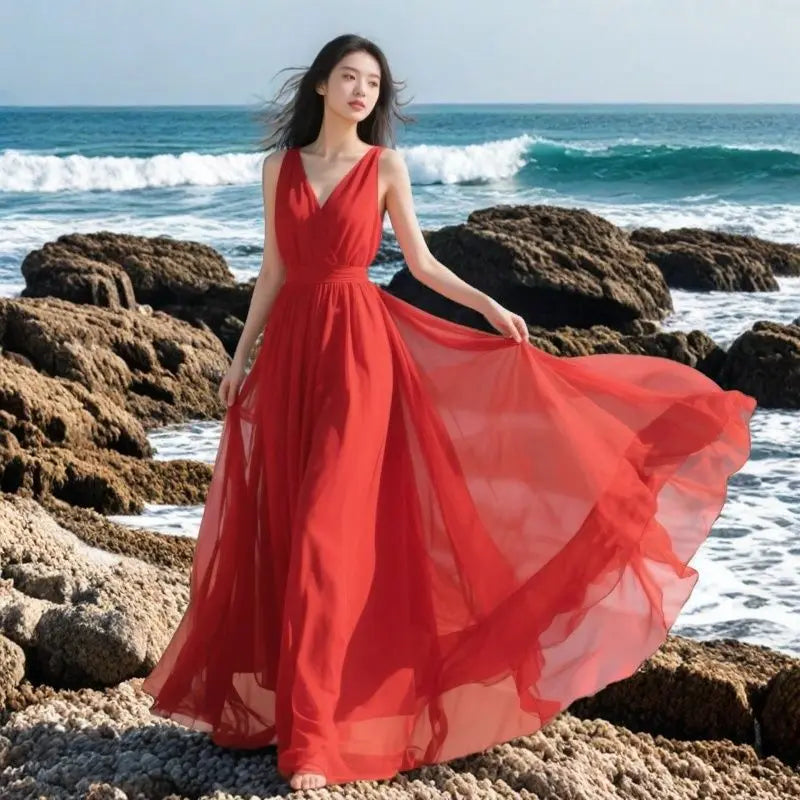 Women's Summer Red Dress New Fashion V-neck Sleeveless Chiffon Long Dress Seaside Vacation Bohemia Beach Dress Vestidos Female
