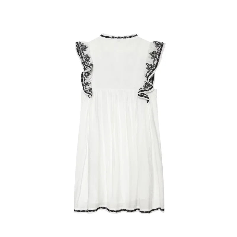 Women's Dress 2026 Summer New Black and White Color-Block Sleeveless Embroidered Short Dress Casual Vacation Elegant and Stylish